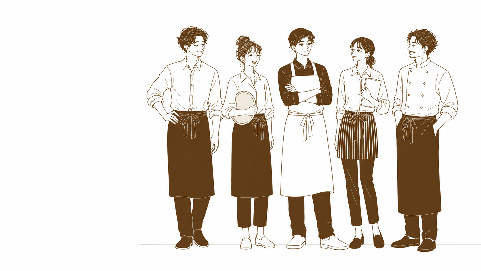 さまざまな店舗の仕事を表す5人のスタッフが並ぶ線画イラスト