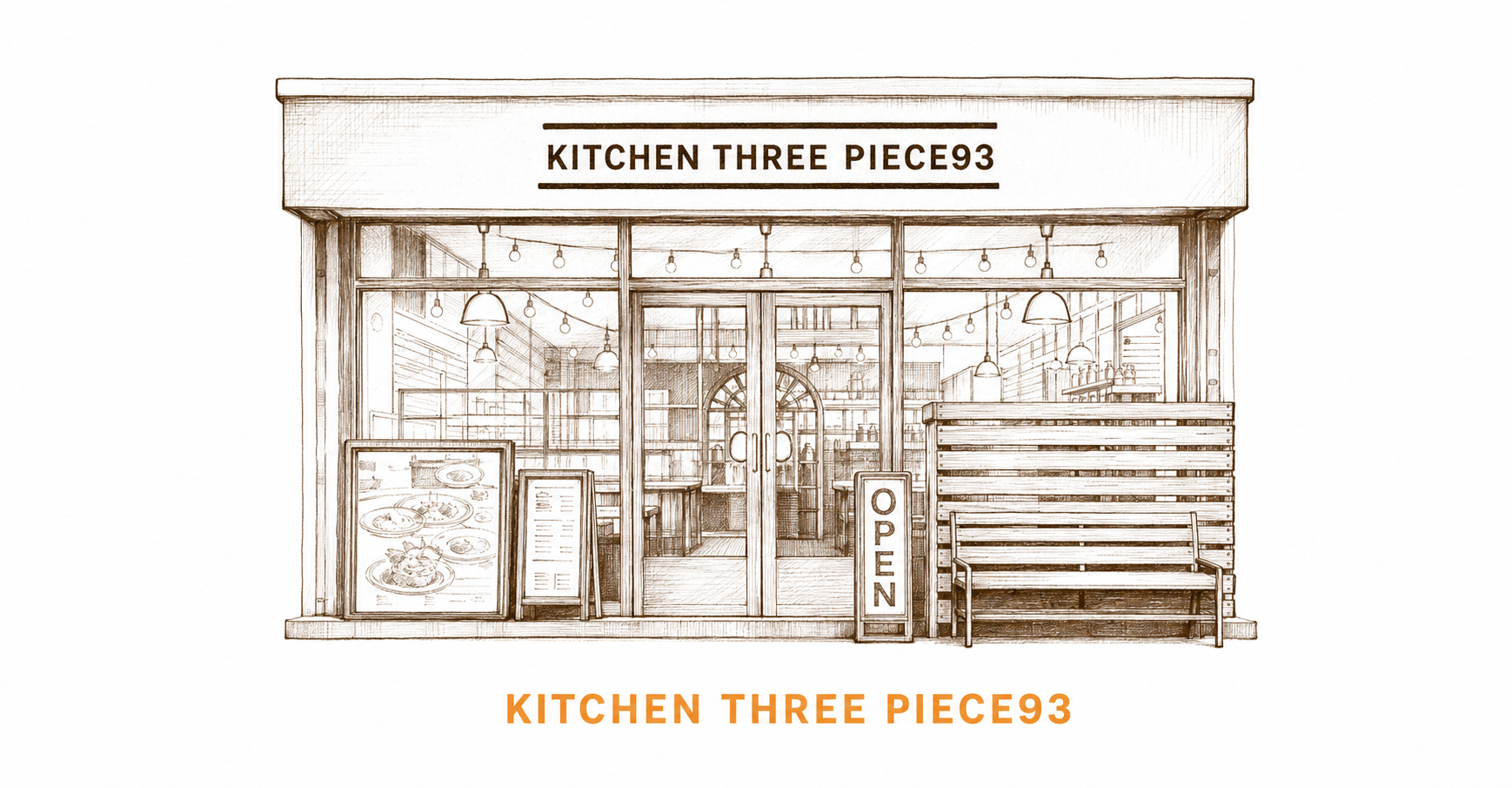 KITCHEN THREE PIECE 93の店舗外観を描いた線画イラスト